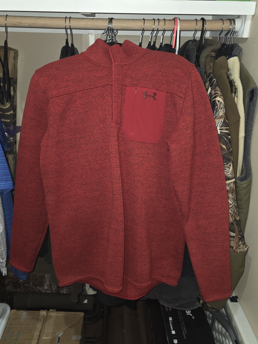 Under Armour Men’s Heathered Red Zip Neck Pullover with Chest Pocket